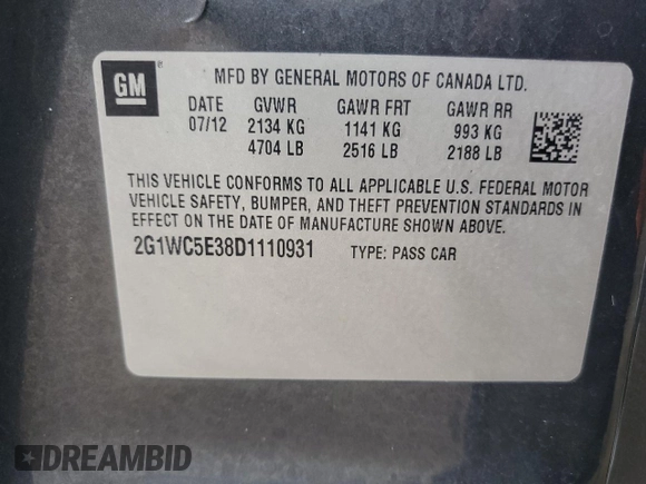 2013 Chevrolet Impala LTZ with VIN 2G1WC5E38D1110931, listed as a Copart auction lot 54889965 with 219,336 mi miles and Clean Title. Bid and sale history available at DreamBid. Image 12.