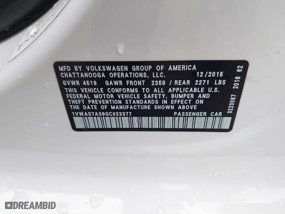 2016 Volkswagen Passat 1.8T S with VIN 1VWAS7A39GC023377, listed as a IAAI auction lot 41422834 with 92,872 mi miles. Bid and sale history available at carsss.com. Image 9.