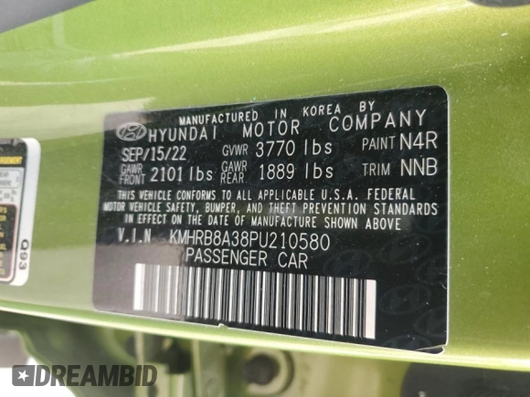 2023 Hyundai Venue SE with VIN KMHRB8A38PU210580, listed as a Copart auction lot 46027215 with 14,622 mi miles and Non Repairable. Bid and sale history available at DreamBid. Image 14.