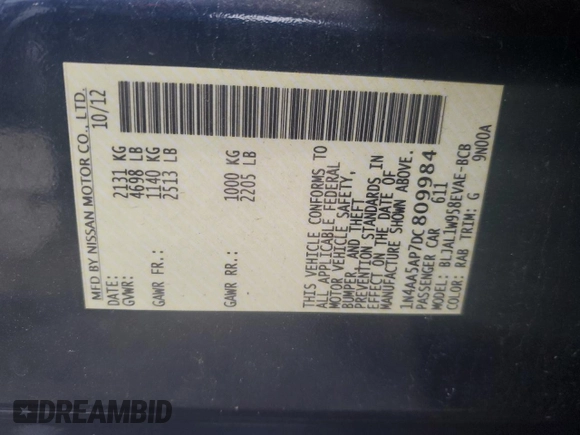 2013 Nissan Maxima S with VIN 1N4AA5AP7DC809984, listed as a Copart auction lot 44151485 with 148,625 mi miles and Non Repairable. Bid and sale history available at DreamBid. Image 14.
