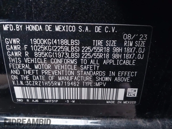 2024 Honda HR-V Sport with VIN 3CZRZ1H55RM719462, listed as a IAAI auction lot 41518154 with 12,832 mi miles. Bid and sale history available at carsss.com. Image 9.