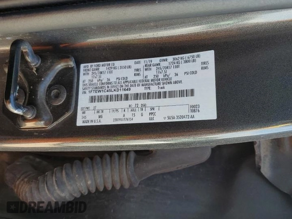 2020 Ford F-150 XL with VIN 1FTEW1C45LKD11649, listed as a Copart auction lot 44363805 with 81,106 mi miles and Salvage Title. Bid and sale history available at carsss.com. Image 12.