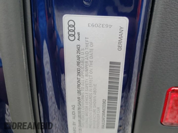 2021 Audi A7 Premium Plus with VIN WAUU2AF2XMN033362, listed as a Copart auction lot 44104065 with 11,708 mi miles and Salvage Title. Bid and sale history available at carsss.com. Image 12.