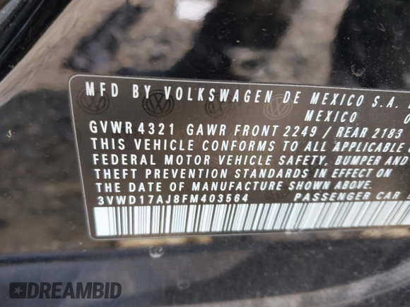 2015 Volkswagen Jetta SE z VIN 3VWD17AJ8FM403564, wystawiony jako IAAI lot #42016363 z przebiegiem 127 104 mil mil oraz . Historia ofert i sprzedaży dostępna na DreamBid. Obrazek 9.