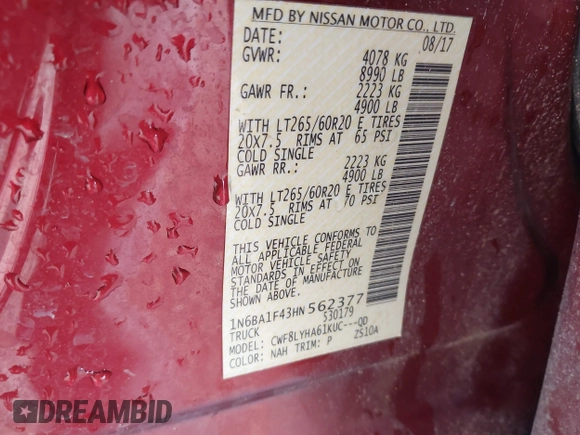2017 Nissan Titan Pro-4X z VIN 1N6BA1F43HN562377, wystawiony jako IAAI lot #41786607 z przebiegiem 95 207 mil mil oraz . Historia ofert i sprzedaży dostępna na DreamBid. Obrazek 9.