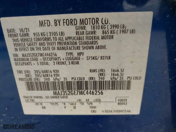 2021 Ford EcoSport SE with VIN MAJ3S2GE7MC446256, listed as a IAAI auction lot 41782685 with 30,137 mi miles. Bid and sale history available at carsss.com. Image 9.