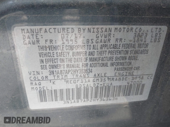 2017 Nissan Sentra S with VIN 3N1AB7AP2HY363634, listed as a IAAI auction lot 42482510 with 116,947 mi miles and . Bid and sale history available at DreamBid. Image 9.