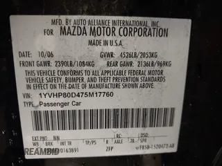 2007 Mazda 6 s Touring with VIN 1YVHP80D475M17760, listed as a IAAI auction lot 41617530 with 169,910 mi miles. Bid and sale history available at carsss.com. Image 9.