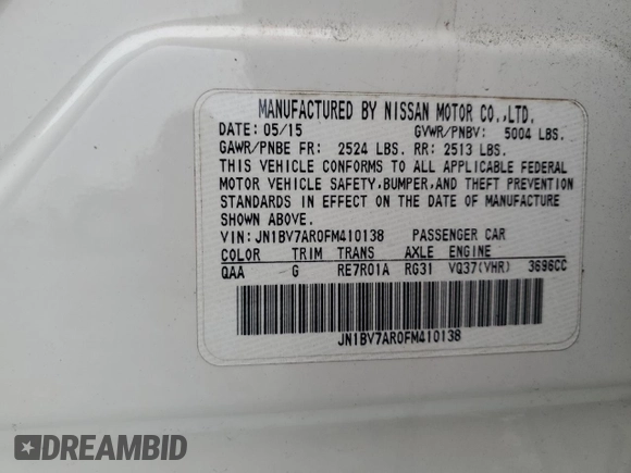 2015 Infiniti Q50 Premium with VIN JN1BV7AR0FM410138, listed as a Copart auction lot 50978665 with 143,433 mi miles and Non Repairable. Bid and sale history available at carsss.com. Image 12.