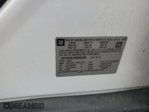 2013 Cadillac SRX Performance Collection with VIN 3GYFNHE33DS602428, listed as a Copart auction lot 55688555 with 143,504 mi miles and Salvage title. Bid and sale history available at DreamBid. Image 13.