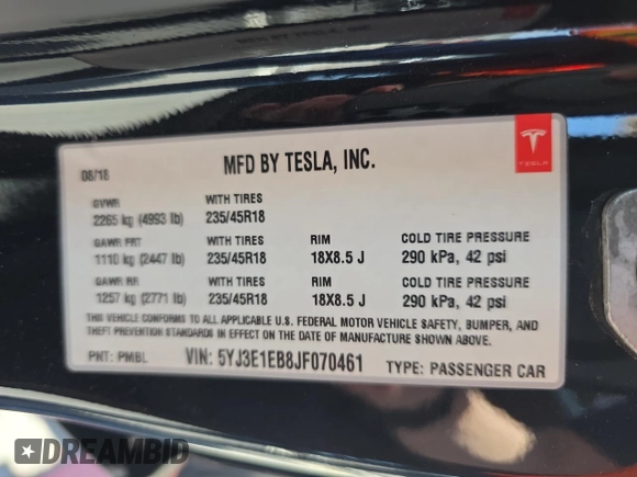 2018 Tesla Model 3 Long Range Battery z VIN 5YJ3E1EB8JF070461, wystawiony jako Copart lot #58379905 z przebiegiem 49 178 mil mil oraz Tytuł czysty. Historia ofert i sprzedaży dostępna na DreamBid. Obrazek 10.