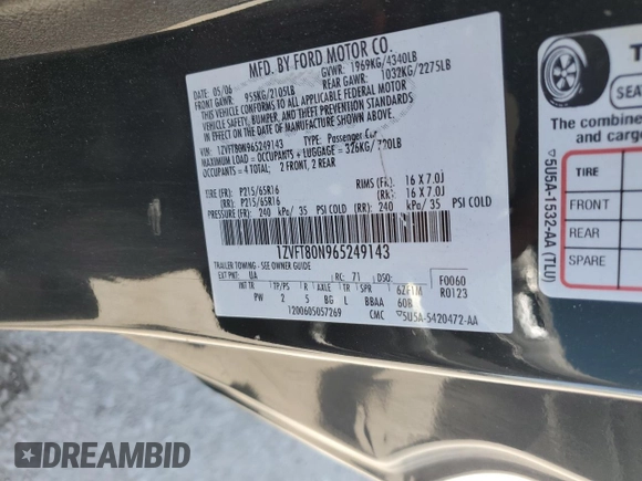 2006 Ford Mustang Standard with VIN 1ZVFT80N965249143, listed as a Copart auction lot 61683715 with 140,378 mi miles and Salvage title. Bid and sale history available at DreamBid. Image 12.