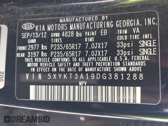 2013 Kia Sorento LX with VIN 5XYKT3A19DG381288, listed as a IAAI auction lot 42797647 with 220,000 mi miles and . Bid and sale history available at DreamBid. Image 9.