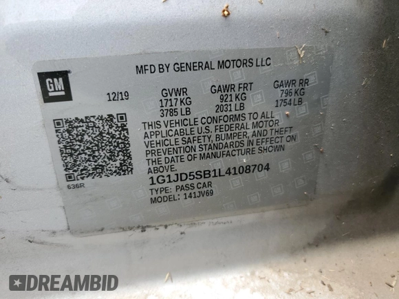 2020 Chevrolet Sonic LT with VIN 1G1JD5SB1L4108704, listed as a Copart auction lot 54554725 with 58,900 mi miles and Salvage title. Bid and sale history available at DreamBid. Image 12.