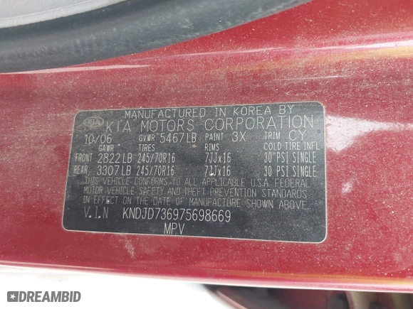 2007 Kia Sorento EX with VIN KNDJD736975698669, listed as a IAAI auction lot 41781263 with 154,170 mi miles. Bid and sale history available at carsss.com. Image 9.