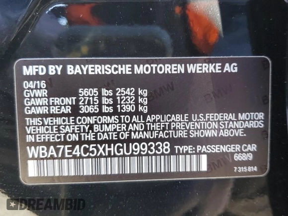 2017 BMW 7 Series 740i xDrive with VIN WBA7E4C5XHGU99338, listed as a Copart auction lot 39952414 with 51,938 mi miles. Bid and sale history available at carsss.com. Image 12.