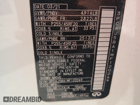 2021 Infiniti QX50 Luxe z VIN 3PCAJ5BA1MF120269, wystawiony jako Copart lot #58156515 z przebiegiem 65 464 mil mil oraz Szkoda całkowita • Salvage title. Historia ofert i sprzedaży dostępna na DreamBid. Obrazek 13.