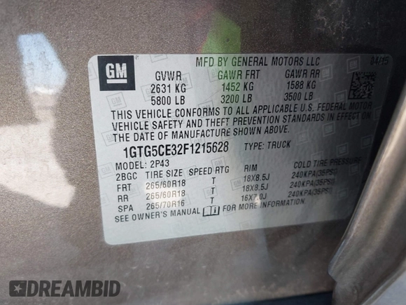 2015 GMC Canyon 2WD SLT with VIN 1GTG5CE32F1215628, listed as a IAAI auction lot 41412762 with 182,615 mi miles. Bid and sale history available at carsss.com. Image 9.