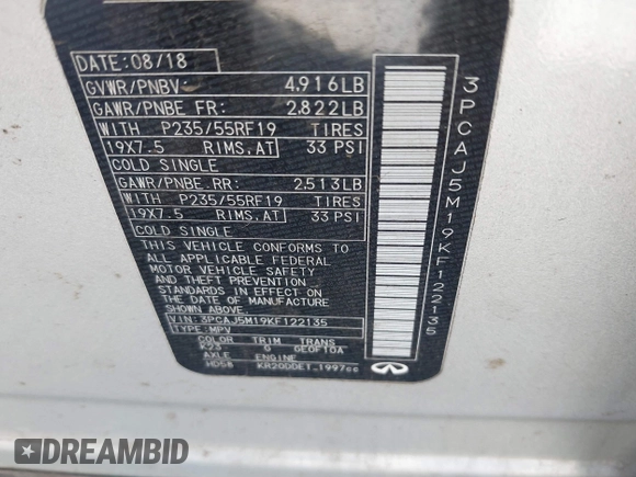 2019 Infiniti QX50 Essential with VIN 3PCAJ5M19KF122135, listed as a IAAI auction lot 41722309 with 145,920 mi miles and . Bid and sale history available at DreamBid. Image 9.