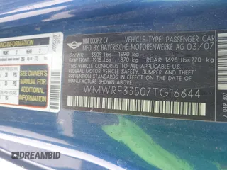 2007 MINI Convertible with VIN WMWRF33507TG16644, listed as a IAAI auction lot 40058098 with 163,215 mi miles and . Bid and sale history available at DreamBid. Image 9.