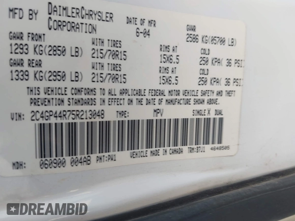 2005 Chrysler Town & Country LX with VIN 2C4GP44R75R213048, listed as a IAAI auction lot 42068985 with 100,688 mi miles and . Bid and sale history available at DreamBid. Image 9.