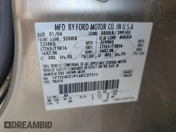 2004 Ford F-250 XL with VIN 1FTNW21P14EC27315, listed as a Copart auction lot 55226165 with 247,791 mi miles and Salvage title. Bid and sale history available at DreamBid. Image 12.