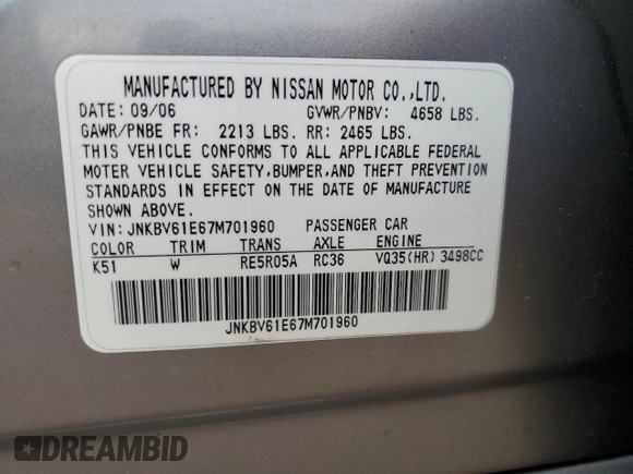 2007 Infiniti G35 Journey with VIN JNKBV61E67M701960, listed as a Copart auction lot 79696094 with 170,233 mi miles and Salvage Title. Bid and sale history available at DreamBid. Image 12.