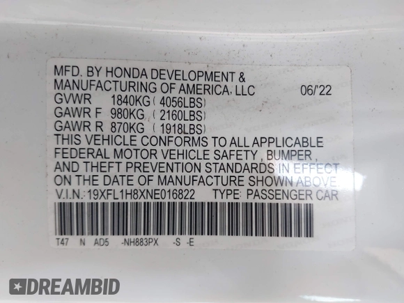 2022 Honda Civic Sport Touring z VIN 19XFL1H8XNE016822, wystawiony jako IAAI lot #42113420 z przebiegiem 30 361 mil mil oraz . Historia ofert i sprzedaży dostępna na DreamBid. Obrazek 9.