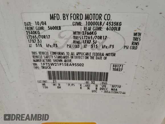 2005 Ford F-250 XL with VIN 1FTSW21P15EA95502, listed as a Copart auction lot 52990145 with Not provided miles and Clean title. Bid and sale history available at DreamBid. Image 12.