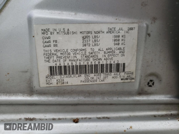 2008 Mitsubishi Galant DE with VIN 4A3AB26F98E012343, listed as a Copart auction lot 68903454 with 244,550 mi miles and Salvage Title. Bid and sale history available at carsss.com. Image 13.