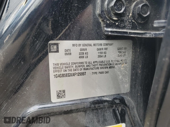 2010 Buick LaCrosse CX with VIN 1G4GB5EGXAF129997, listed as a Copart auction lot 61056505 with Not provided miles and Salvage title. Bid and sale history available at DreamBid. Image 12.