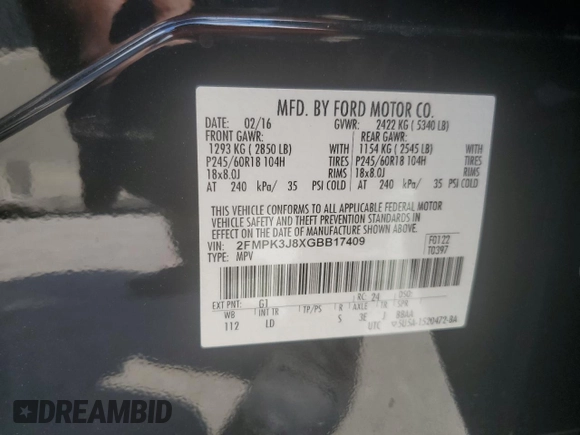 2016 Ford Edge SEL z VIN 2FMPK3J8XGBB17409, wystawiony jako Copart lot #57434045 z przebiegiem 139 645 mil mil oraz Szkody całkowita. Historia ofert i sprzedaży dostępna na DreamBid. Obrazek 14.