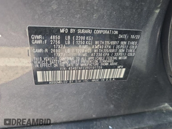 2024 Subaru Outback Premium z VIN 4S4BTAFC2R3191709, wystawiony jako IAAI lot #42566225 z przebiegiem 29 740 mil mil oraz . Historia ofert i sprzedaży dostępna na DreamBid. Obrazek 13.
