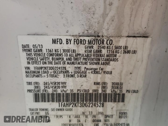2013 Ford Taurus SHO z VIN 1FAHP2KT3DG224528, wystawiony jako Copart lot #49248075 z przebiegiem 159 716 mil mil oraz Nie do naprawy • Non repairable. Historia ofert i sprzedaży dostępna na DreamBid. Obrazek 12.