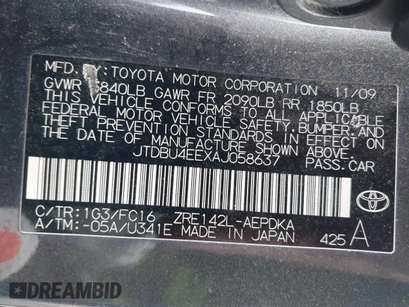 2010 Toyota Corolla z VIN JTDBU4EEXAJ058637, wystawiony jako IAAI lot #41810086 z przebiegiem 179 193 mil mil oraz . Historia ofert i sprzedaży dostępna na DreamBid. Obrazek 9.