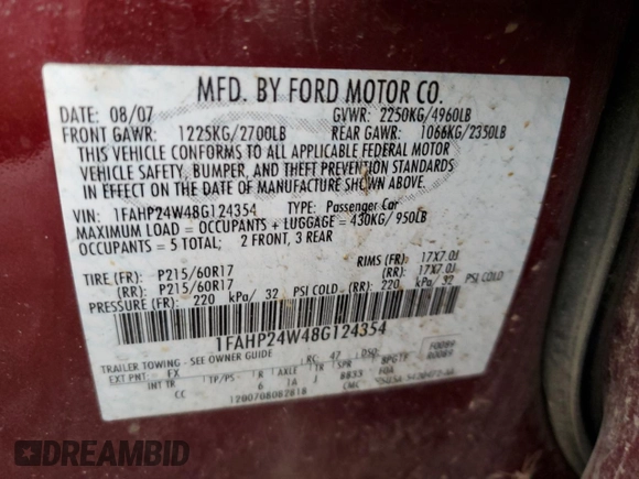 2008 Ford Taurus SEL with VIN 1FAHP24W48G124354, listed as a Copart auction lot 80499924 with 0 mi miles and Salvage Title. Bid and sale history available at carsss.com. Image 12.