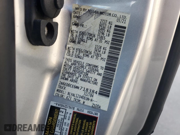 2021 Nissan Frontier S with VIN 1N6ED0CE6MN718384, listed as a Copart auction lot 44654345 with 44,831 mi miles and Clean title. Bid and sale history available at DreamBid. Image 12.