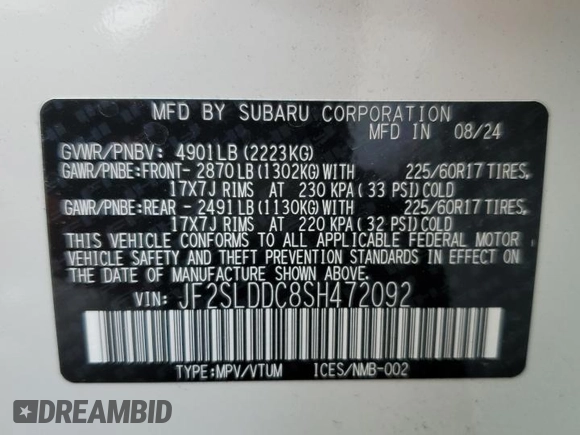 2025 Subaru Forester Premium with VIN JF2SLDDC8SH472092, listed as a Copart auction lot 85891554 with 1,466 mi miles and Salvage Title. Bid and sale history available at carsss.com. Image 13.