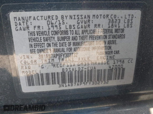 2015 Nissan Sentra S with VIN 3N1AB7AP9FY302732, listed as a IAAI auction lot 42130515 with 147,684 mi miles. Bid and sale history available at carsss.com. Image 9.