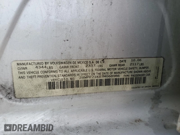 2007 Volkswagen Jetta 2.5 z VIN 3VWPF71K07M068986, wystawiony jako Copart lot #67925874 z przebiegiem 116 174 mil mil oraz Czysty tytuł • Clean title. Historia ofert i sprzedaży dostępna na DreamBid. Obrazek 12.