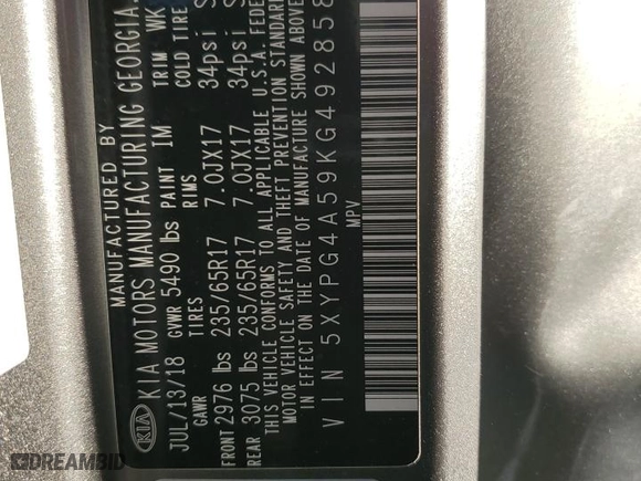 2019 Kia Sorento S V6 with VIN 5XYPG4A59KG492858, listed as a Copart auction lot 77864614 with 98,219 mi miles and Salvage Title. Bid and sale history available at carsss.com. Image 14.