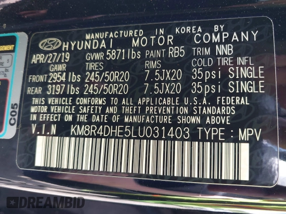 2020 Hyundai Palisade SEL with VIN KM8R4DHE5LU031403, listed as a IAAI auction lot 42254133 with 19,398 mi miles and . Bid and sale history available at DreamBid. Image 9.