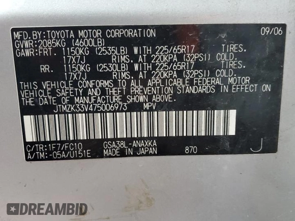 2007 Toyota RAV4 with VIN JTMZK33V475006973, listed as a Copart auction lot 86662754 with 144,940 mi miles and Salvage Title. Bid and sale history available at DreamBid. Image 15.