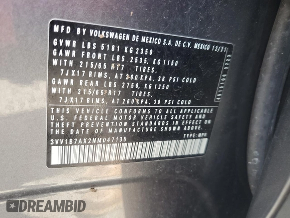 2022 Volkswagen Tiguan S with VIN 3VV1B7AX2NM047135, listed as a Copart auction lot 60137665 with 27,625 mi miles and Salvage title. Bid and sale history available at DreamBid. Image 13.