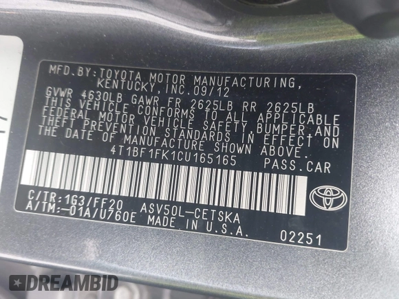 2012 Toyota Camry L with VIN 4T1BF1FK1CU165165, listed as a IAAI auction lot 41957566 with 127,048 mi miles. Bid and sale history available at carsss.com. Image 9.