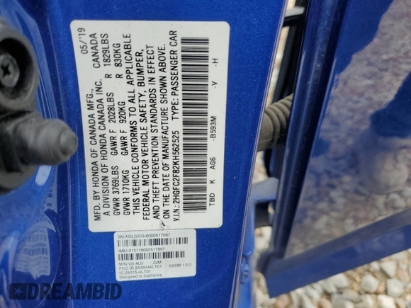 2019 Honda Civic Sport with VIN 2HGFC2F82KH562525, listed as a Copart auction lot 54543335 with 55,730 mi miles and Salvage title. Bid and sale history available at DreamBid. Image 12.