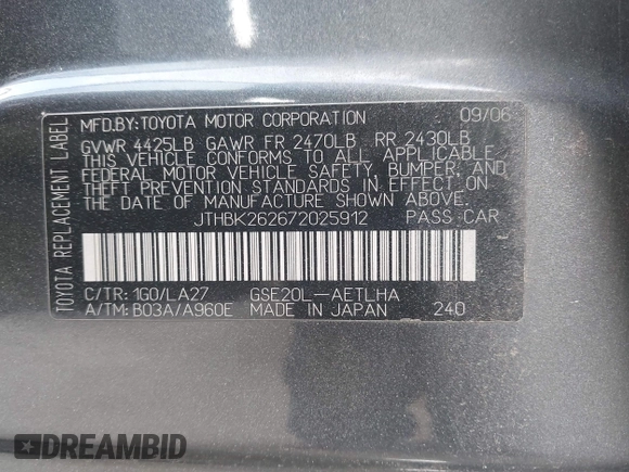 2007 Lexus IS 250 with VIN JTHBK262672025912, listed as a IAAI auction lot 42532981 with 161,907 mi miles and . Bid and sale history available at DreamBid. Image 9.