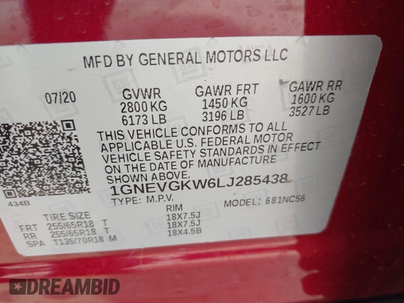 2020 Chevrolet Traverse LT Cloth z VIN 1GNEVGKW6LJ285438, wystawiony jako IAAI lot #42188972 z przebiegiem 53 628 mil mil oraz . Historia ofert i sprzedaży dostępna na DreamBid. Obrazek 9.