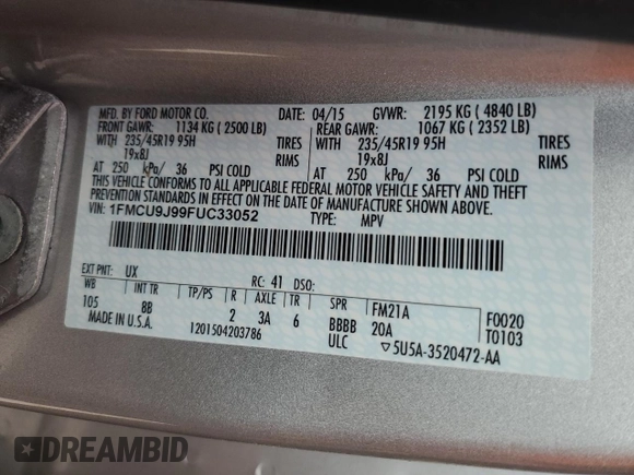 2015 Ford Escape Titanium с VIN 1FMCU9J99FUC33052, выставлен на аукционе Copart как лот 56508365 с пробегом Не указан миль и На запчасти • Non repairable. История ставок и продаж доступна на DreamBid. Изображение 13.