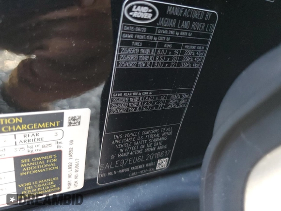 2020 Land Rover Defender HSE with VIN SALE97EU6L2018617, listed as a Copart auction lot 60670585 with 38,721 mi miles and Salvage title. Bid and sale history available at DreamBid. Image 13.